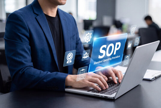 Standard Operating Procedure SOP management concept with a businessman using a laptop to review digital workflow, checklist, quality badge, target, and office compliance icons.