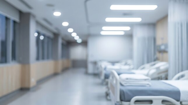 Modern hospital ward interior featuring clean empty patient beds and bright lighting in a healthcare medical facility