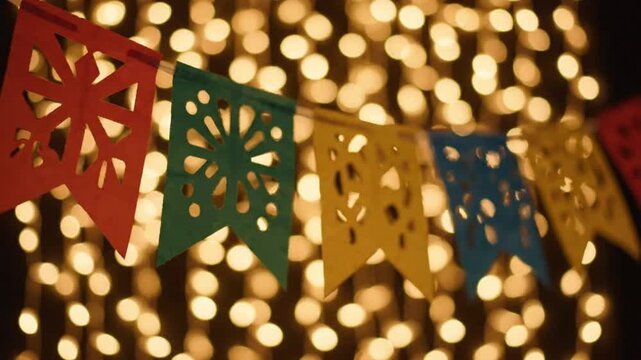 Colorful Mexican Papel Picado Festive Bunting Hanging with Warm Bokeh Lights Background.