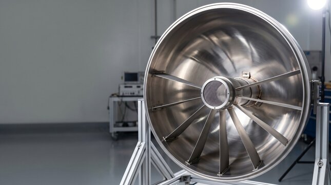 Commercial engineering photograph of internal titanium capillary vane assembly of propellant management device pmd inside hemispherical satellite fuel tank for microgravity fluid transfer