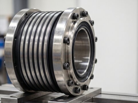 Heavy industrial macro photograph of spherical elastomeric flex bearing joint with alternating shims of high strength steel and synthetic elastomer for solid rocket motor thrust vector control