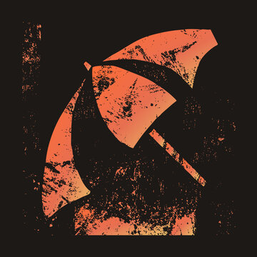 Weathered brolly in distressed stencil style grunge parasol with orange to gradients and ink splatter. The tilted gamp looks screen printed ideal for edgy and rain graphics.