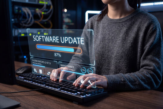 Software update process concept with a developer typing on a keyboard, monitoring a virtual screen showing system patches, maintenance progress bar, and server database optimization.