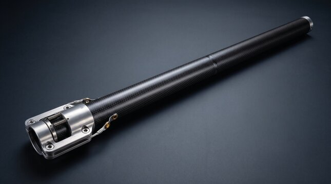 Commercial studio photograph of deployable collapsible tubular carbon fiber composite boom extended from satellite bus structure for deep space magnetometer science instrument isolation