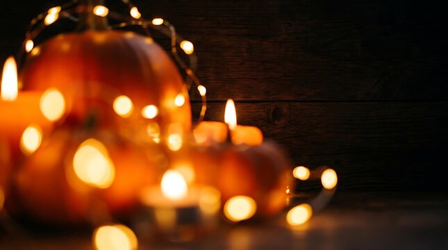 Autumn pumpkins and glowing string lights with warm candles on a rustic wooden background for thanksgiving and halloween