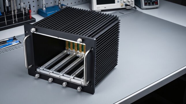 Commercial studio product photograph of rugged conduction cooled atr avionics enclosure chassis milled from black anodized aluminum with external cooling fins and card guide wedge locks