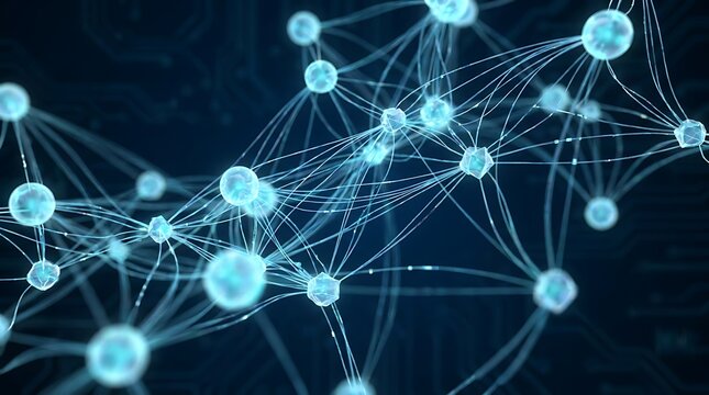 Futuristic glowing neural network with interconnected blue nodes representing artificial intelligence data flow and technology