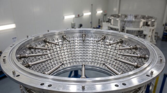 Industrial aerospace photograph of aluminum lithium multistage rocket separation ring displaying circular pneumatic push off thrusters and collet latches in launch vehicle integration hall