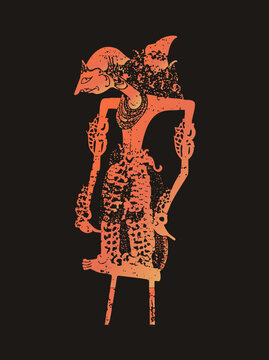 Traditional Javanese wayang kulit shadow puppet in glowing orange tones. Ornate headdress, lattice arms and batik costume give this dalang stage character a striking decorative cutou
