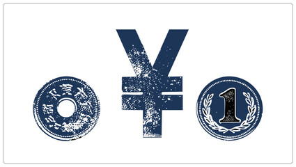 Grunge yen sign flanked by an old mon coin and one sen piece, Japanese cash in navy stencil print. Weathered buck symbol and antique coinage evoke vintage currency themes. © Rysak