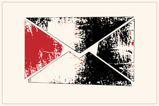 "Weathered mail envelope, classic snail mail symbol, in rough distressed linocut style with red flap and black splatter texture. This letter carrier suits vintage postage and retro communication