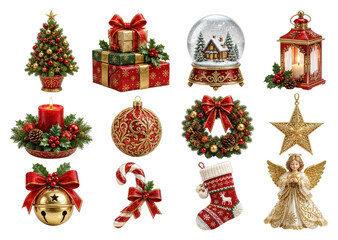 Obraz premium PNG Festive Christmas decoration set with ornaments, gifts, wreaths