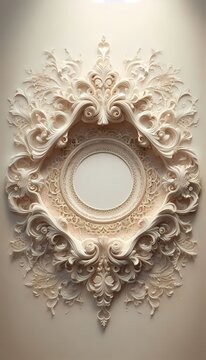 An ornate, circular antique lace frame with a central medallion and intricate, swirling lace patterns, in a soft, off-white, with a subtle, shimmering pearl finish, Ai generated image