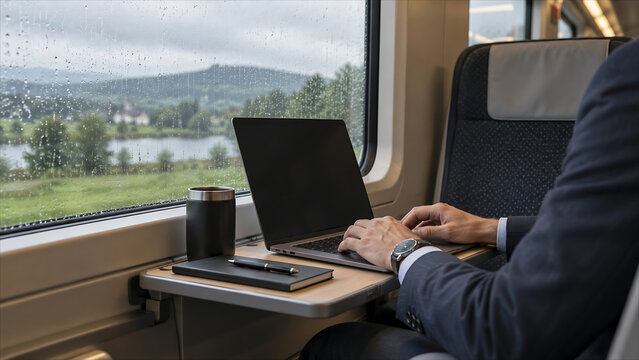 business travel, laptop, train, passenger, remote work, rainy window, typing, businessperson, journey, dark screen, railway carriage, portable computer, hands, suit, notebook, pen, travel mug, table, 