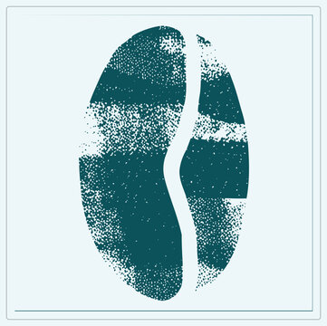 Single java bean in deep teal with speckled stipple distressing. The roasted coffee seed, called the bean or "cherry pit," shows a bold center crease in gritty stencil style.