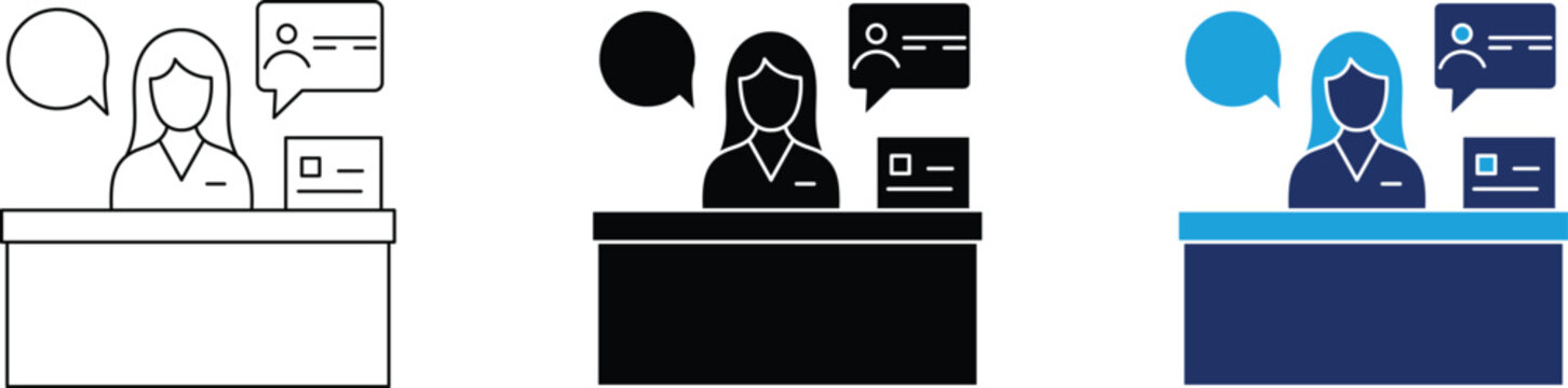 Customer service desk and receptionist icon set with support agent and communication symbols in outline, glyph, and duotone styles.
