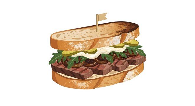 Sandwich with meat cheese lettuce and bread on white background