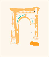 Ancient memorial arch in bold amber tones, a triumphal Roman gateway ruin with weathered stonework. Flat screenprint style with subtle teal accents and rough texture. © Rysak