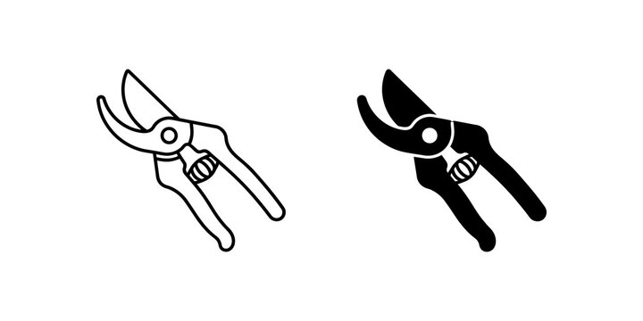 Gardening pruning shears icons in linear and silhouette styles for landscaping and plant care.