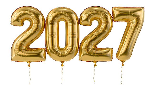Golden foil balloons spelling out the year 2027, floating against a white background, symbolizing a future date or celebration.