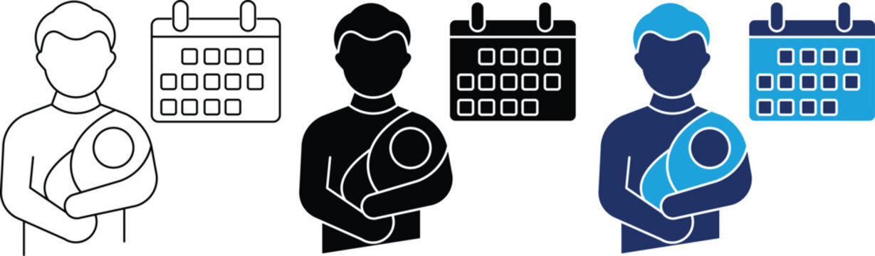 Paternity leave icon set with father holding baby and calendar symbols in outline, glyph, and duotone styles.