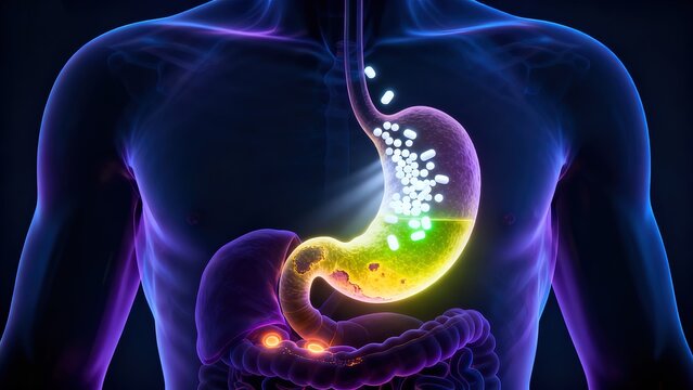 Antacid Mechanism: White Alkaline Particles Neutralizing Yellow-Green Gastric Acid and Protecting Mucosa
