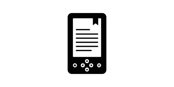 Electronic ebook reader device with digital text and bookmark icon on screen.