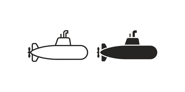 Submarine underwater vehicle set line and flat icons for navy transportation.