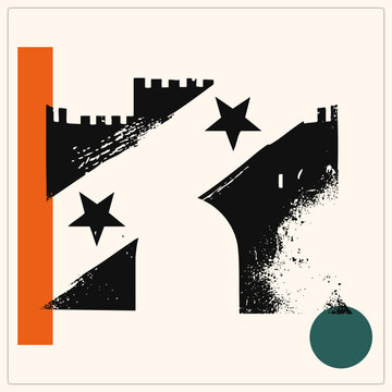 Weathered fortress battlements as rough stencil, star spangled keep and crumbling tower. Abstract citadel shapes with flat orange bar and teal dot for an edgy constructivist look.