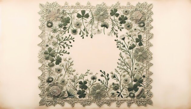 A vintage lace frame with a rustic, slightly uneven shape, featuring a simple, repeating pattern of wildflowers and clover leaves, in a soft, muted sage green, Ai generated image