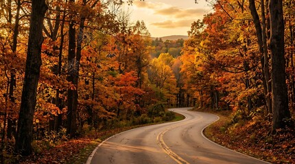 Fototapeta premium Winding Autumn Road Through Colorful Forest at Sunset