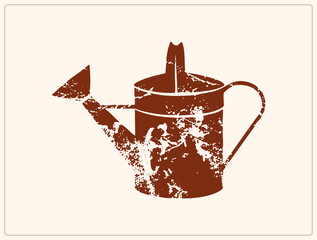 "Grungy watering can in distressed rust red stencil style. Weathered texture gives this garden vessel rustic, hand printed charm perfect for earthy branding." © Rysak