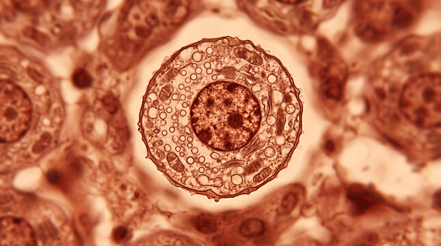 Microscopic view of a human ovum cell surrounded by follicular cells