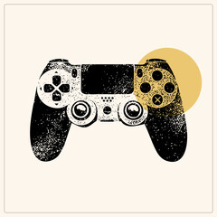"A distressed gamepad rendered in speckled stencil style, featuring analog sticks, d pad and face buttons beside a mustard circle. Retro gamer vibes with vintage print texture." © Rysak