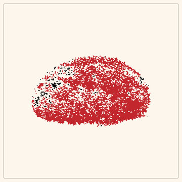 Grungy lip print stamped in bold red, also called a smooch mark or buss imprint, showing rough distressed speckle texture. The kiss mark works as a cutout graphic with vintage stencil character.