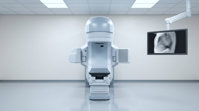 Linear accelerator machine for radiation therapy in a modern hospital room