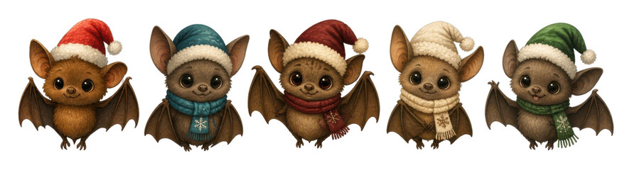 Fototapeta premium Five cute baby bat characters in festive winter hats, PNG transparent background