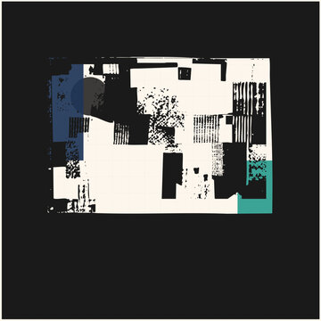 Distressed screenprint collage mixing ink splatter, halftone patches and torn block shapes in cream, black, cobalt and teal. A raw grunge texture piece street art wall paste up or zine cover energy.
