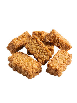 Golden crispy Indonesian fried tempeh with realistic soybean texture isolated for culinary design projects.