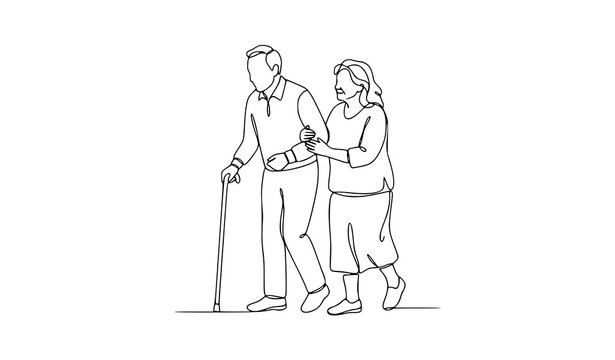 Senior Couple Helping Each Other Walk Continuous Line Drawing