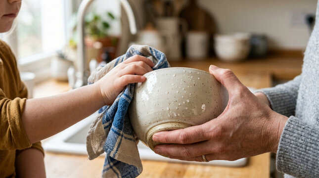 Child and adult hands drying a ceramic bowl in kitchen sink