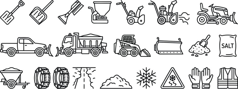 Winter Road Snow Removal outline icon set. Featuring snowplow truck, snow blower, salt bag, winter tire, and shovel symbols. Vector icons for icy road clearing and winter services.