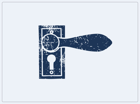 Weathered door lever, or latch handle, on an ornate backplate with keyhole cutout. Deep navy grunge stencil styling gives this antique door knob hardware a rustic, aged print character.