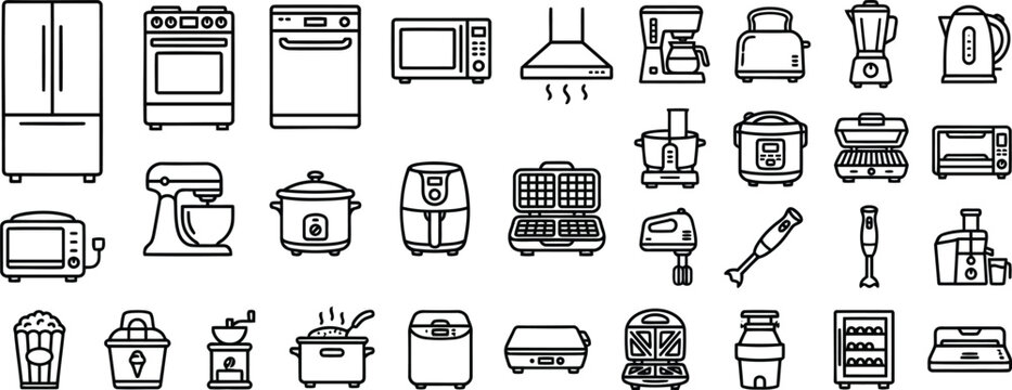 Kitchen Appliances outline icon set. Featuring refrigerator, oven, microwave, blender, and electric kettle symbols. Vector icons for home cooking and food preparation.