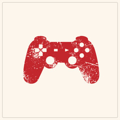 Worn grunge gamepad with d pad, analog sticks and action buttons in distressed red. Retro gamers call it a controller or joypad perfect vintage stencil vibe for esports and gaming visuals. © Rysak