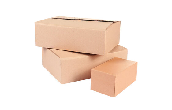 Stack of three brown cardboard boxes isolated on transparent grid.