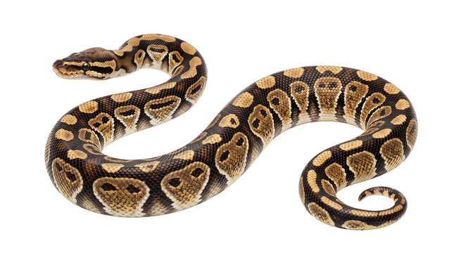 Ball python snake with brown and gold scales, royal python isolated on white background, exotic pet reptile with curved body and textured skin