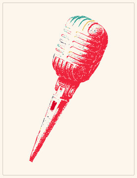 Classic shure style "candlestick" vocal mic, beloved by crooners and radio announcers, in distressed halftone texture. Screen printed grunge style with speckled ink accents in teal, gold and navy.