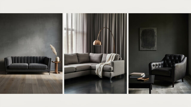 Three interior scenes featuring grey sofas, a floor lamp, and a black leather armchair