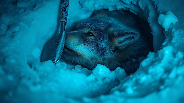 Preserved wolf head in icy permafrost with excavation tools, science and frozen history concept